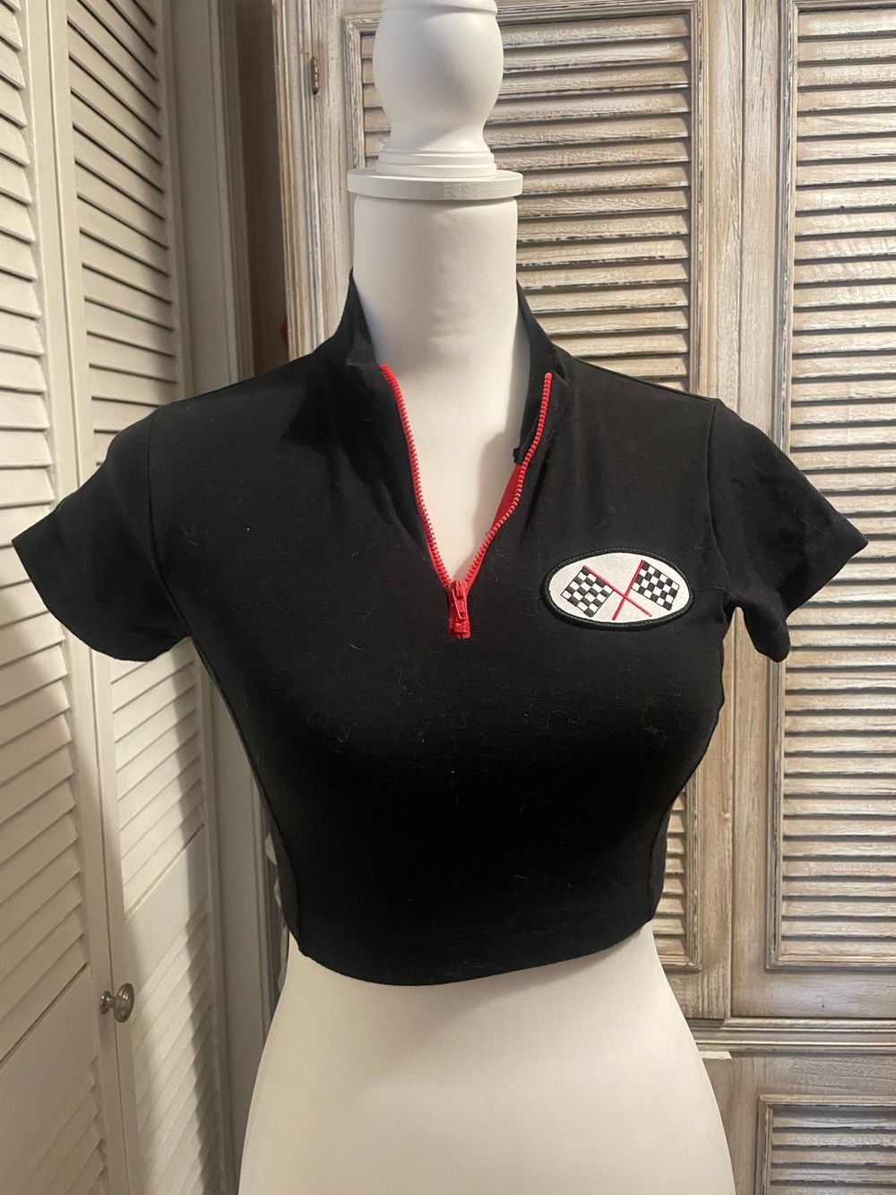 90s Vintage Race Car Crop Top | Retro Mock Neck Zipper rockabilly street wear